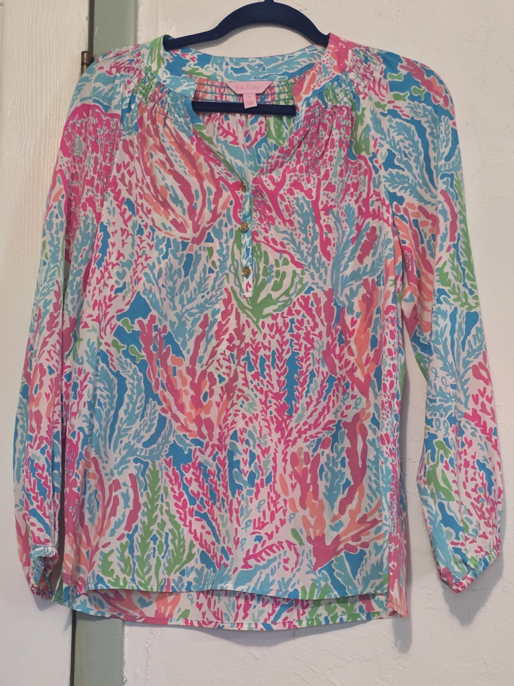 Lilly Pulitzer Coral-Print Tunic Blouse in Pink, Blue & Green